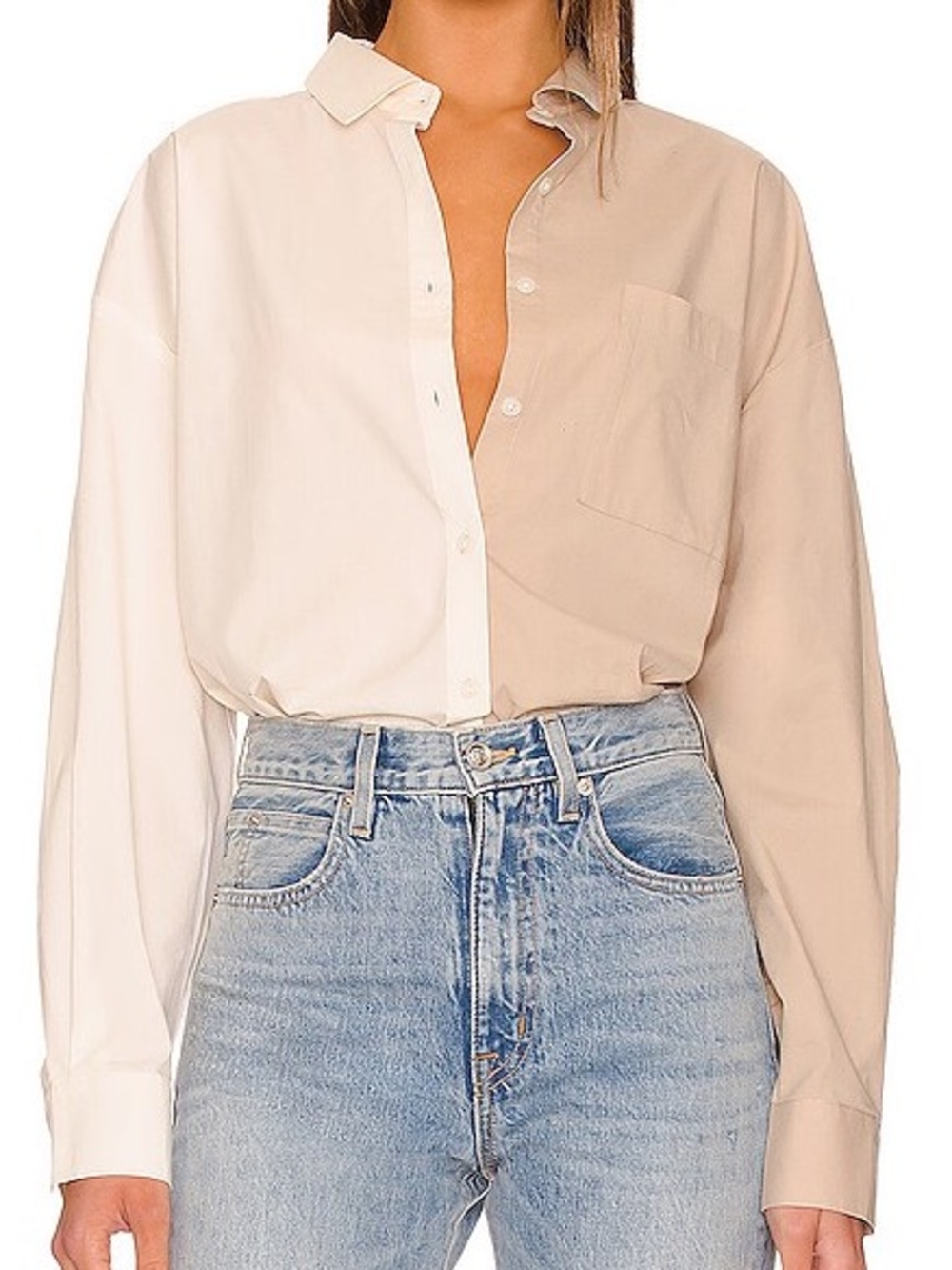 Pistola Sloane Two-Tone Colorblock Oversized Longsleeve Button Down Tan Small